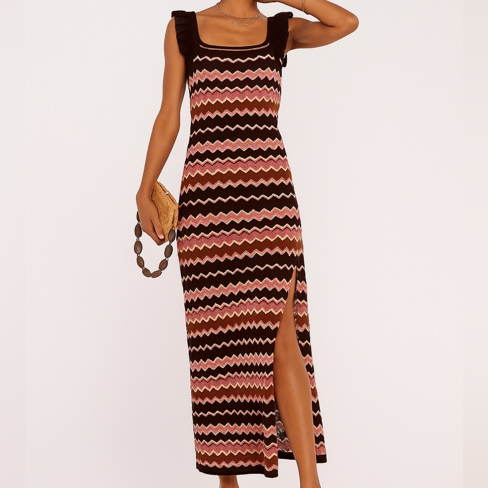 🆕Heartloom 💯Cotton Zigzag Crochet Knit Maxi Dress Brown Pink Ruffle Strap Size L